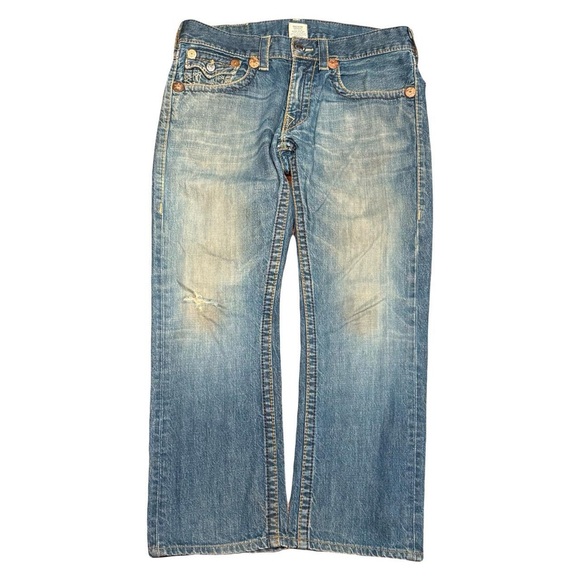 Y2K True Religion Ricky Big T Ropestitch Faded Blue Wide Leg Flared Jeans - Picture 2 of 4